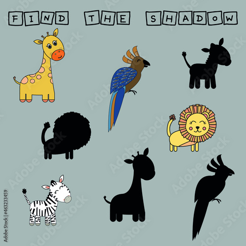 Fototapeta Naklejka Na Ścianę i Meble -  worksheet vector design, the task is to finf a shadow parrot, lion, zebra, giraffe.  Logic game for children.