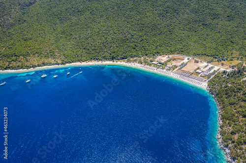 Aerial view of sunny Antisamos beach on the Kefalonia island  Ionian sea in summer  Greece. Travel vacation concept