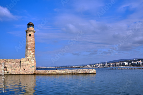 The historic lighthouse in the port of Rethymno on the island of Crete