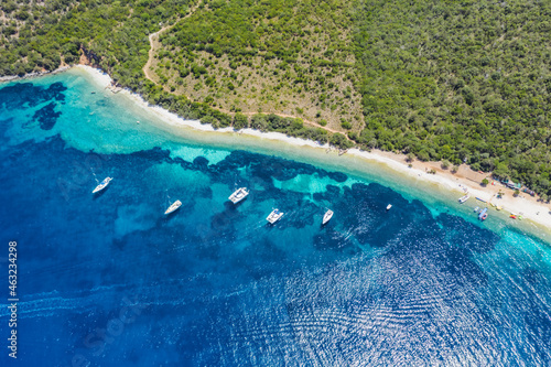 Aerial view of sunny Antisamos beach on the Kefalonia island, Ionian sea in summer, Greece. Travel vacation concept