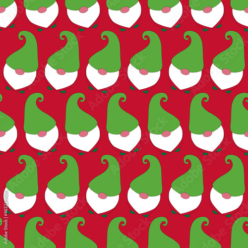 Christmas seamless pattern with gnomes. Funny scandinavia gnomes on red background. Cute wrapper paper, wallpapers, textile prints. Merry christmas and happy new year. Flat vector illustration