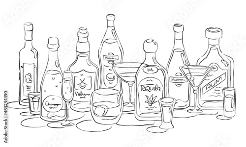 Group of bottles and glasses vodka, champagne, whiskey, vermouth, tequila, martini, rum in hand drawn style. Beverage outline icon. Line art sketch. Black contour object on white background