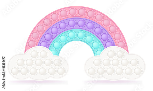 Popit rainbow on the clouds as a fashionable silicon fidget toys. Addictive antistress toy for fidget in pastel colors. Bubble sensory popit for kids fingers. Vector illustration isolated.