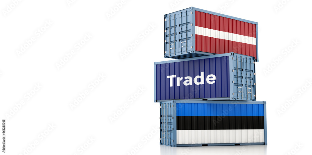 Shipping containers with Latvia and Estonia flag. 3D Rendering Shipping containers with Latvia and Estonia flag. 3D Rendering