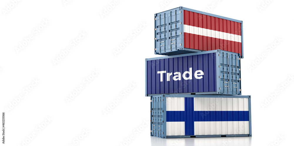 Shipping containers with Latvia and Finland flag. 3D Rendering Shipping containers with Latvia and Finland flag. 3D Rendering