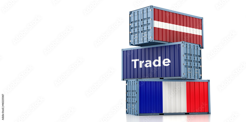 Shipping containers with Latvia and France flag. 3D Rendering Shipping containers with Latvia and France flag. 3D Rendering