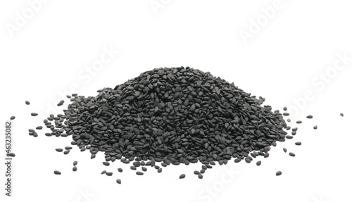 Black sesame seeds pile isolated on white background