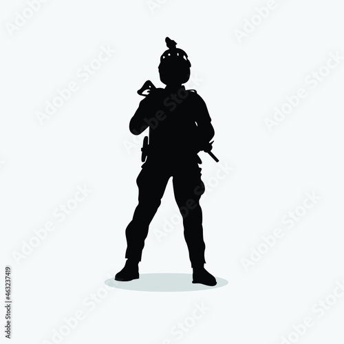Military vector illustration, Army background, soldiers silhouettes.Vector Policeman Tactical Shoot Illustration.