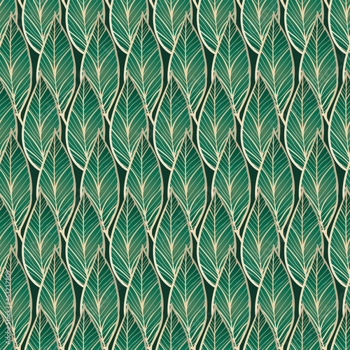 Luxury gold and nature green background vector. Floral pattern, Golden split-leaf Philodendron plant with monstera plant line arts, Vector illustration.