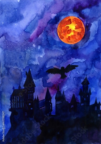 Dekoracja na wymiar  watercolor-illustration-of-a-black-castle-silhouette-with-towers-spires-magic-postcard-flying-owl-in-night-sky-with-huge-orange-moon