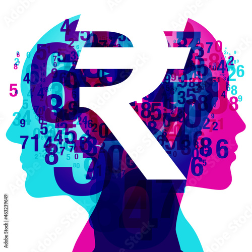 A male & female side silhouette positioned back-to-back, overlaid with various sized semi-transparent numbers. Overlaid across the centre is a white “Indian Rupee” currency symbol.