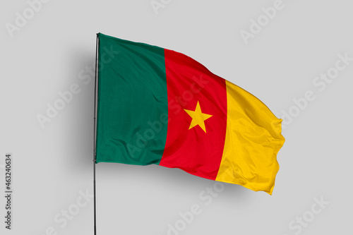 Cameroon flag isolated on the blue sky background. close up waving flag of Cameroon. flag symbols of Cameroon. Concept of Cameroon. photo