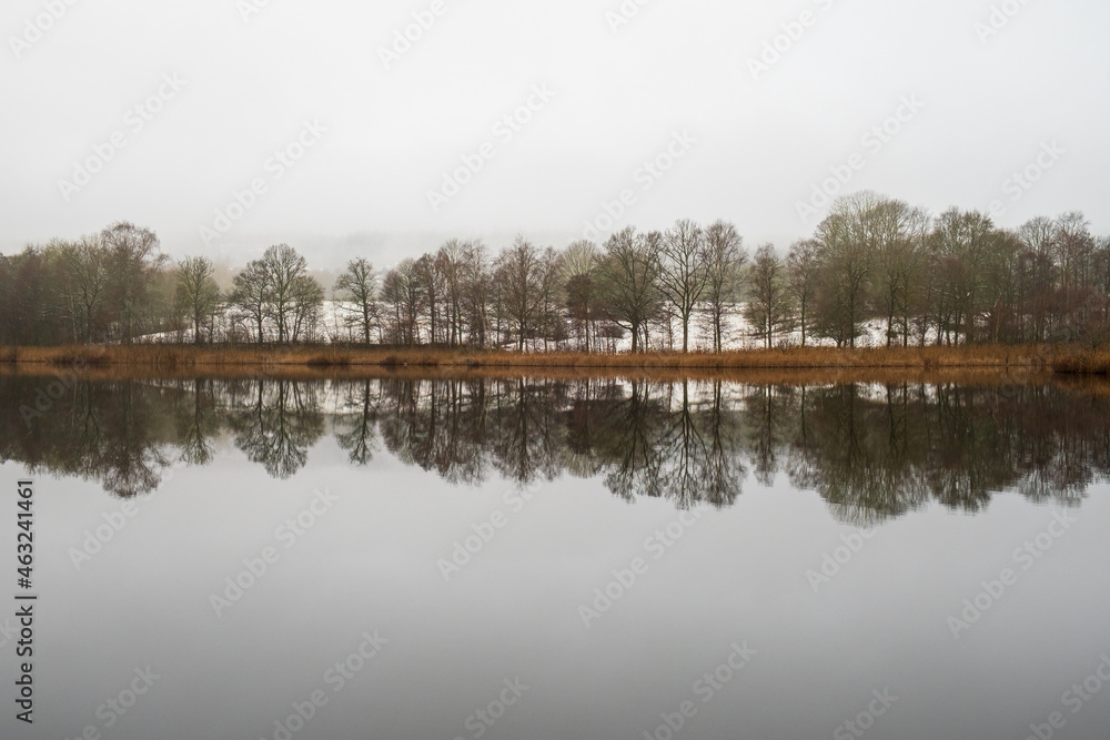 Fototapeta premium Gray December weather by a lake with reflections