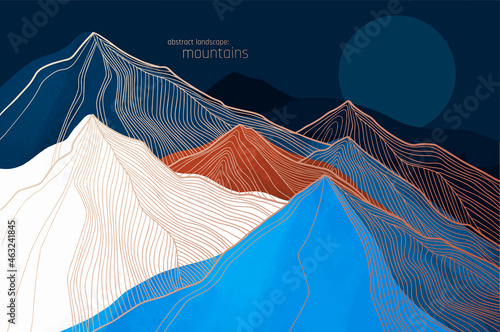 illustration of line abstract mountains with blue and orange rough texture