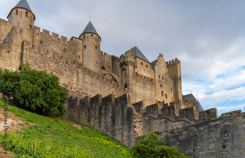 City walls Carcassonne medieval town in France.