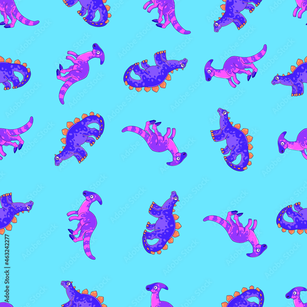 Fototapeta premium Kids baby pattern with cute dinosaurs concept. Cute funny kids dinosaurs template. Colorful dinosaur background. Background for textiles and fabrics. Perfect for kids fabrics, textiles, baby wallpaper