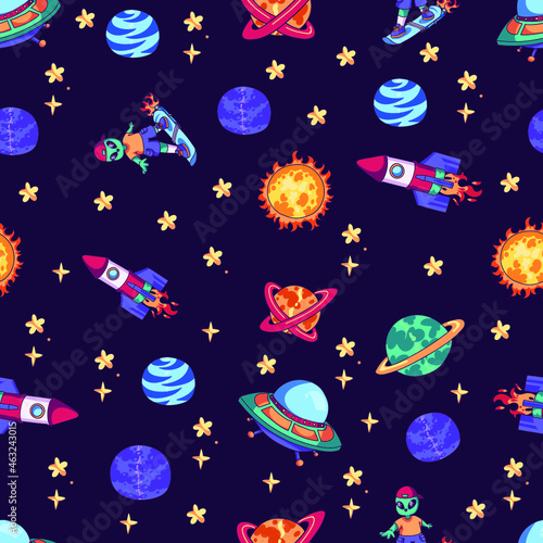Childish seamless pattern with hand drawn space elements space, rocket, star, planet,Alien. Trendy kids vector background.Space children's seamless pattern with planets, rocket in cartoon style