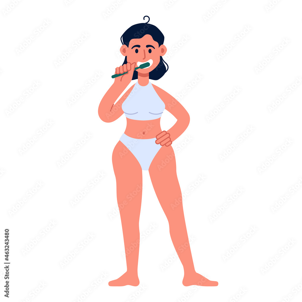 Happy cute girl in underwear with toothbrush in her hand brushing teeth. Morning routine, mouth hygiene concept vector illustration