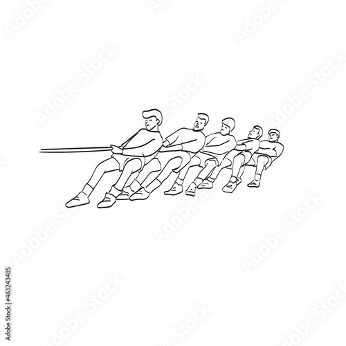 line art team competing in tug of war illustration vector isolated on white background