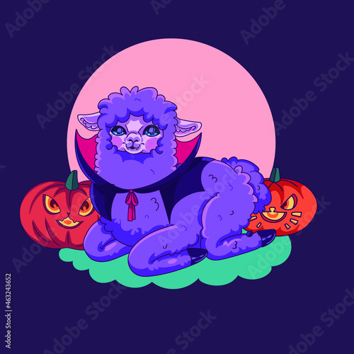 Cute Vector Children's Illustration Halloween Greeting Card with Llama and Pumpkins.Cartoon-style greeting card for children with an alpaca in a vampire costume. A postcard with a lamp for children