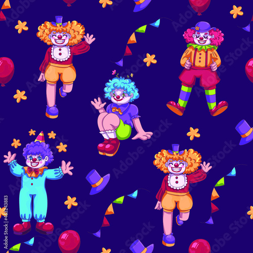 Circus clowns and various festive elements seamless pattern. Vector bright children s pattern with the image of happy cartoon clowns