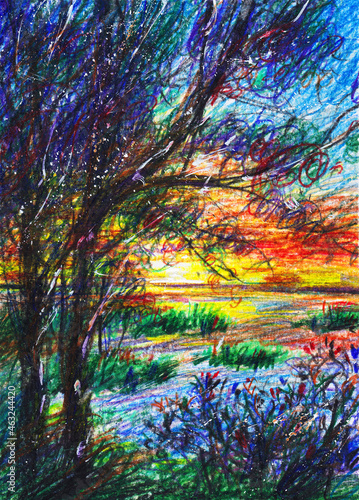 Beautiful sunset over the lake. Romantic landscape. Lake shore. Handwork pattern with colored watercolor pencils. Drawing to print the book.
