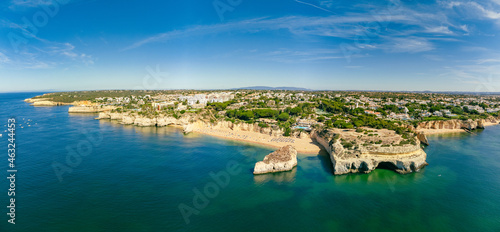 Fototapeta Naklejka Na Ścianę i Meble -  Aerial drone panoramic views of Praia Nova and Praia de Nossa, Algarve, Portugal