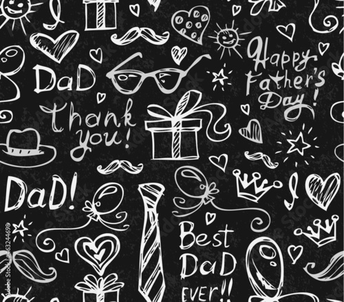 Seamless Pattern for Father's Day. Holiday Symbols Drawn in White Chalk on Black Schoolboard Background Stylization. Vector Illustration.