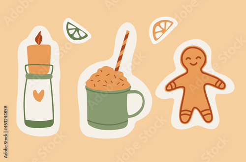 Vector gingerbread man, cacao, and candles. Set of hygge elements. Warm and cozy icons. Illustration with cute things and objects.