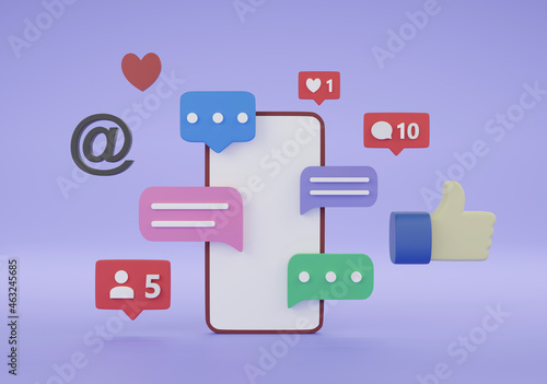 3D Social media platform, online social communication applications concept,  webpage, heart icons, chat and chart with smartphone background. 3d illustration