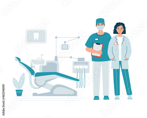 Young dentists doctors man and woman standing together on the background of the dental chair. Concept of dentistry, regular check of teeth, oral hygiene and health care. Isolated vector illustration