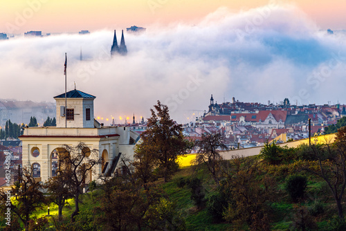 Amazing foggy view in Prague, Vysehrad castle in the background. Czech republic