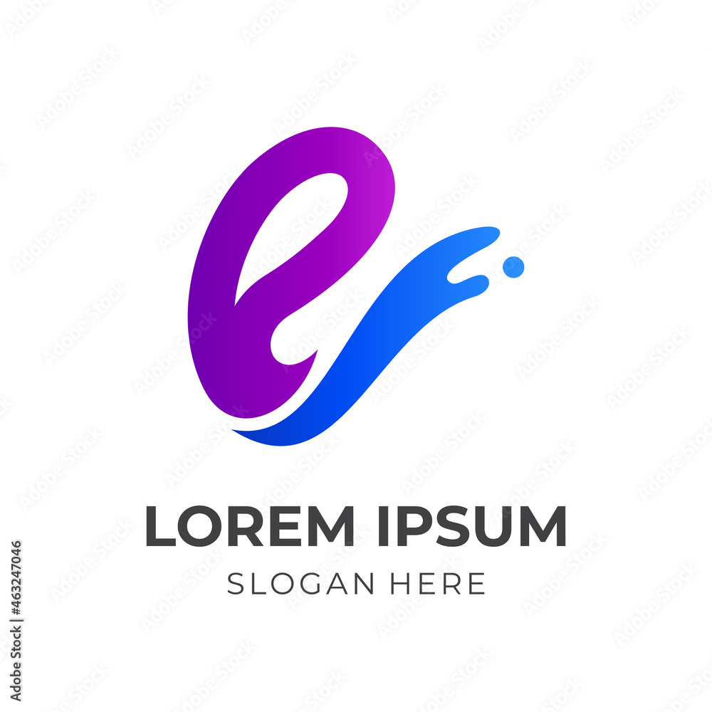letter E and splash logo design with flat purple and blue color style letter E and splash logo design with flat purple and blue color style