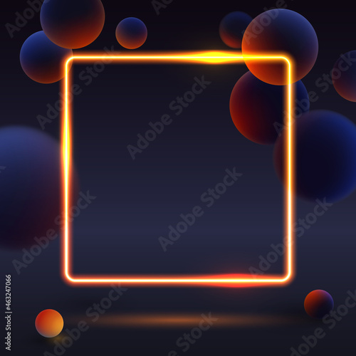 Golden neon frame with realistic dark balls, blured and luminous, luminescent orange balls with soft touch feeling in blue dark abstract background for advertising. Vector illustration. 
