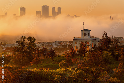 Amazing foggy view in Prague, Pankrac district in the background. Czech republic