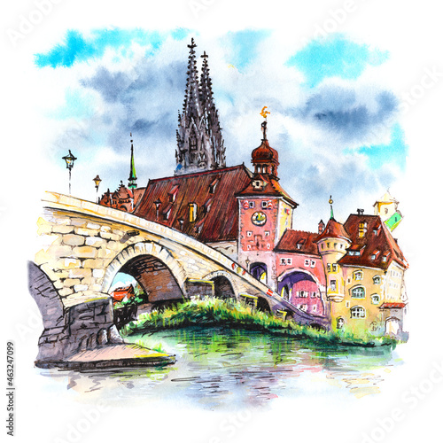 Watercolor sketch of Sunny Stone Bridge, Cathedral and Old Town of Regensburg, eastern Bavaria, Germany photo