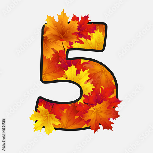 The number five, 5 with red, yellow, orange maple leaves with black border isolated on white background. Vector Holiday illustration for postcard, banner, cards, web, design, advertising.