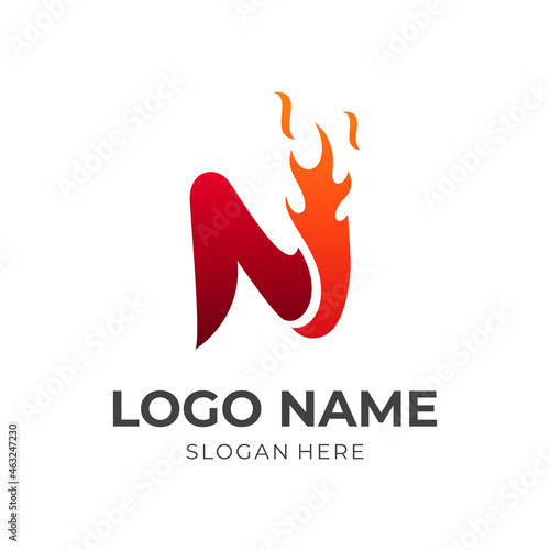 letter N and fire logo design template concept vector with flat red and orange color style