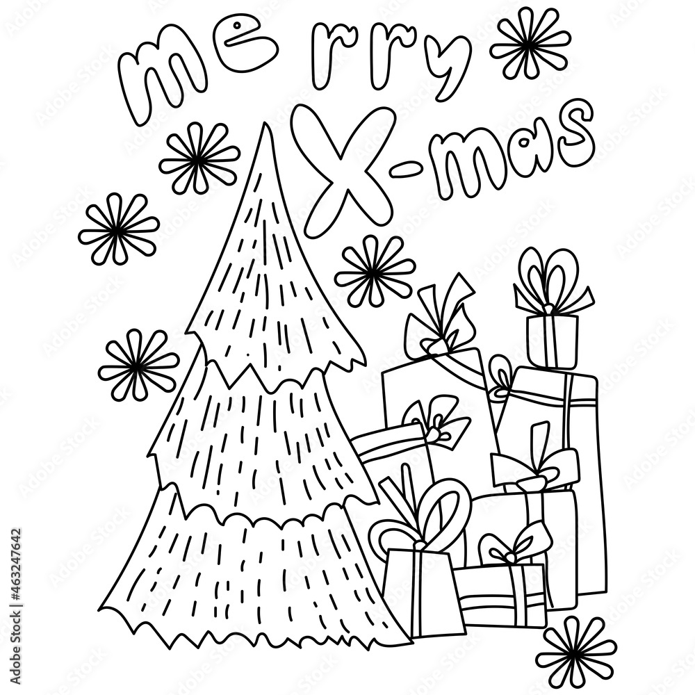 Merry Xmas, Greeting card festive coloring page with christmas tree and gifts