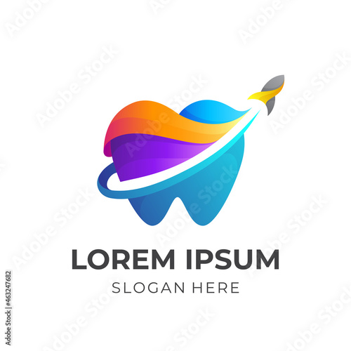 dental logo with rocket design illustration, 3d colorful style photo