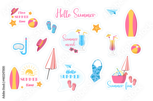 Set of vector summer stickers with quotes. Collection of elements for scrapbooking. Сocktail, swimsuit, bag, ice cream, beach hat. Hello Summer stickers pack