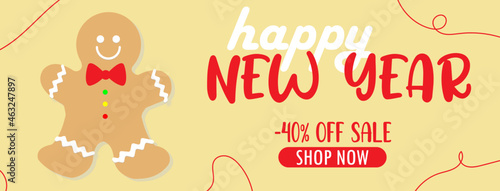 Merry Christmas and Happy New Year 2022 horizontal banner, gingerbread Man, -40 sale, discount