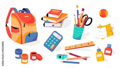 School supplies: backpack, pencils, brushes, paints, ruler, sharpener, stickers, calculator, books, glue. Back to school.
