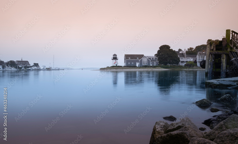 Lewis Bay Lighthouse and rocky cove features in Hyannis Harbor on Cape Cod, Massachusetts