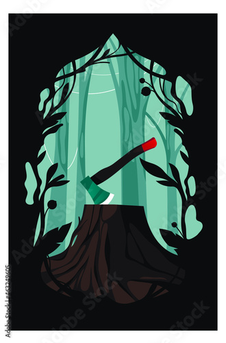 Ax in the stump. Forest. Deforestation, ecology. Vector illustration.