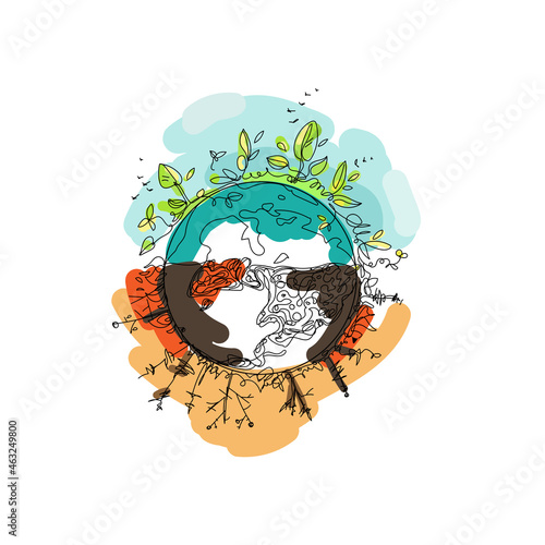 Climate change planet Earth, global warming.Colorful vector illustration of planet with dried dead trees and polluted atmosphere.Isolated on white background in sketchy linear style