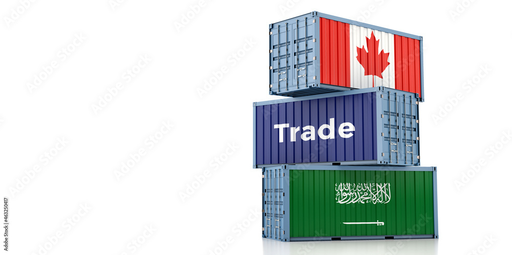 Obraz premium Shipping containers with Saudi Arabia and Canada national flag. 3D Rendering