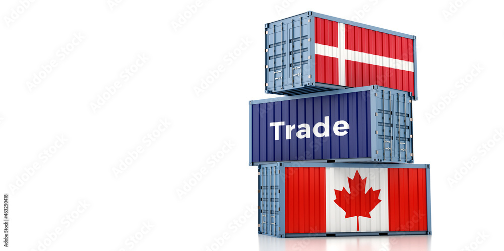 Shipping containers with Denmark and Canada national flag. 3D Rendering Shipping containers with Denmark and Canada national flag. 3D Rendering