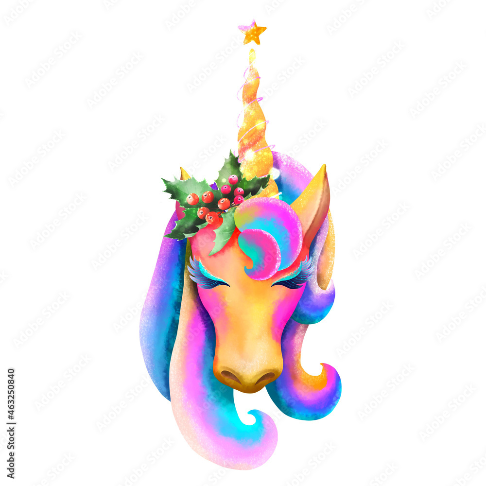 Isolated cute watercolor Unicorn clipart. Happy new year and merry christmas card and shirt design.