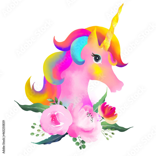 Isolated cute watercolor unicorn clipart. Horse with flower elements for wedding  anniversary  birthday  etc. invitations.